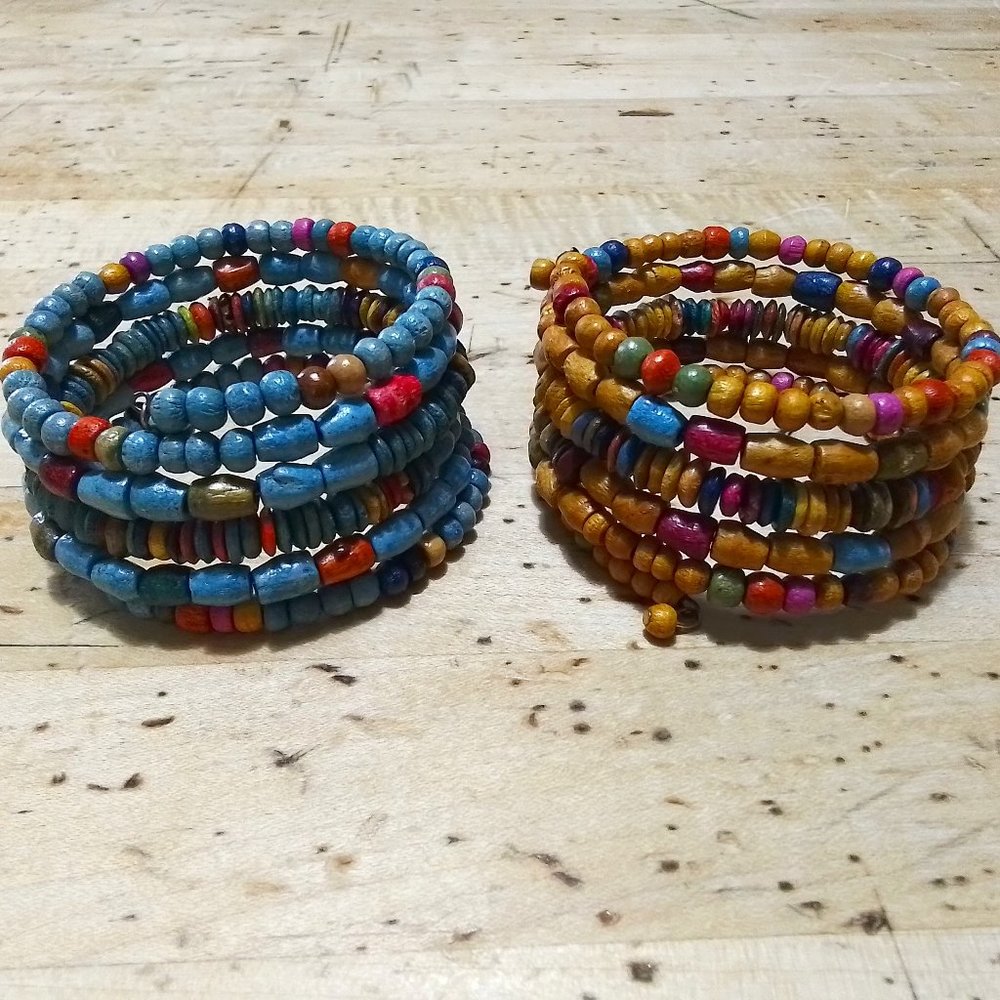 Boho Wood Bead Bracelets Bright Colorful Coil Bracelets